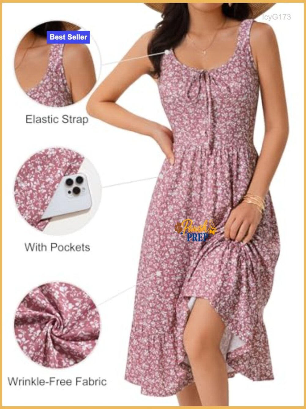 Summer Midi Dress with Pockets, Elastic Straps, Flowy A-Line - Picture 5 of 6